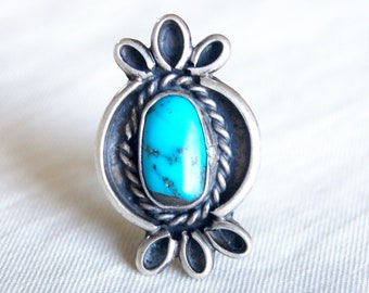 Vintage Turquoise Ring Southwest Boho Size 7 .5 Sterling Silver Southwestern Statement Jewelry Cowgirl Boho Style