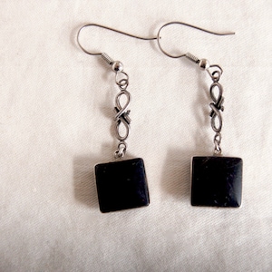 Silver Wire Dangle Earrings Vintage Sterling Silver and Square Black Stone Dangles Long Modern Post Drops