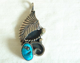 Vintage Turquoise Pendant Southwestern Boho Necklace Sterling Silver Feather Charm Finding Statement Jewelry