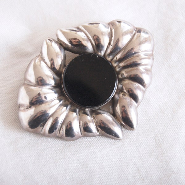 Mexican Statement Brooch Pin Vintage Sterling Silver Black Disc Abstract Gothic Bloom Hecho en Mexico