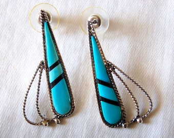 Modern Turquoise Earrings Vintage Southwest Onyx Sterling Silver Blue Black Stone Dangles Western Jewelry