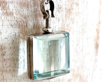 Vintage Glass Locket Beveled Crystal Mexican Pendant Sterling Silver Square Memento Keepsake Locket