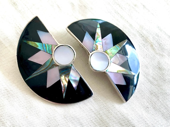 Mexican Clip On Earrings Vintage Mother of Pearl … - image 1