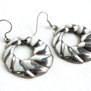 Mexican Dangle Hoop Earrings Puffy Hoops Vintage Sterling Silver Circle Swirl Dangles Taxco Mexico Jewelry Modern Boho