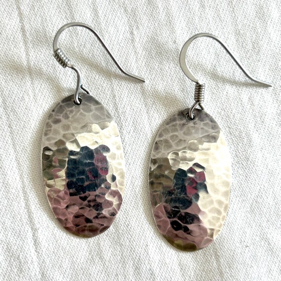 Hammered Sterling Silver Oval Dangle Earrings Vin… - image 2