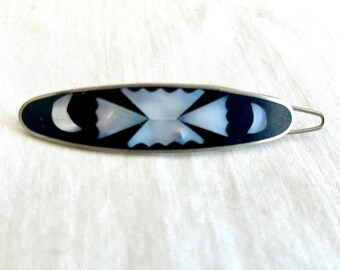 Vintage Mexican Hair Clip Barrette Mother of Pearl in Alpaca Black and White Long Hair Holder