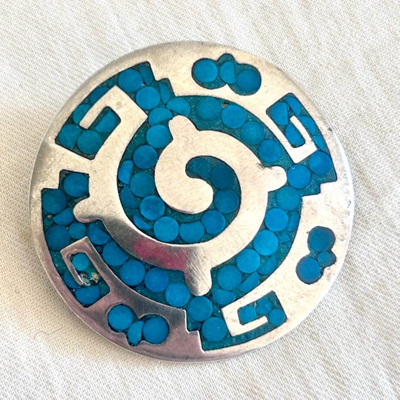 Midcentury Mexican Medallion Brooch Pendant Large Sterling Silver 