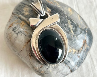 Mexican Onyx Pendant Oval Black Stone Vintage Sterling Silver Slider Modern Midcentury Style Statement Necklace Finding