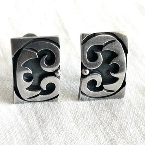 Mexican Midcentury Sterling Silver Earrings Modernist Artisan Screwback Clips Taxco Mexico Jewelry Ancient Design Clip On