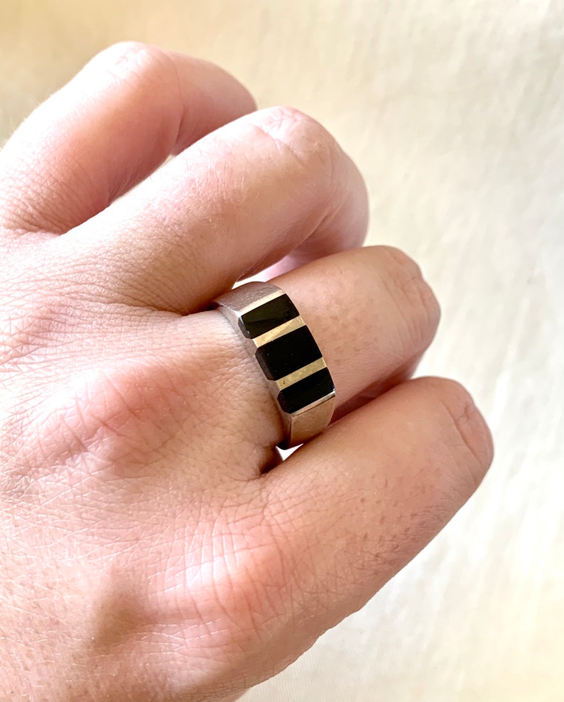 Black Onyx Ring Band Size 12 Vintage Mexican Inlaid Stone Stacking Ring Modern Southwest Jewelry Striped Stripes Rings Jewelry