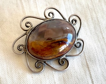 Vintage Petrified Wood Brooch Western Sterling Silver Agate Stone Southwest Jewelry Handmade Lapel Pin