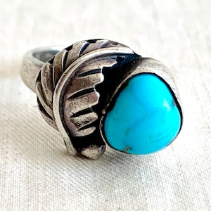 Chunky Turquoise Ring Size 6 .75 Southwestern Blue Stone Cocktail Jewelry Vintage Sterling Silver Feather Western Cowgirl Signed PF