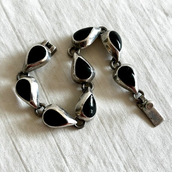 Mexican Faux Onyx Bracelet Vintage Sterling Silve… - image 5