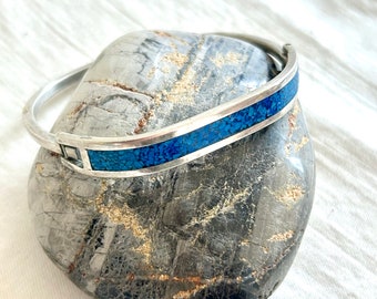 Mexican Bracelet Alpaca Hinged Bangle Size 6 1/2 Vintage Blue Resin Boho Jewelry Gift under 20