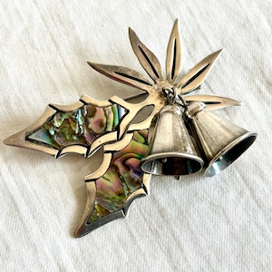 Mexikanische Kirche Glocke Brosche Pin Vintage Sterling Silber Jingle Bells Abalone Holly Blätter Weihnachtssterne Urlaub Schmuck altes Mexiko