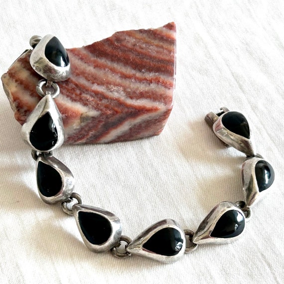 Mexican Faux Onyx Bracelet Vintage Sterling Silve… - image 2