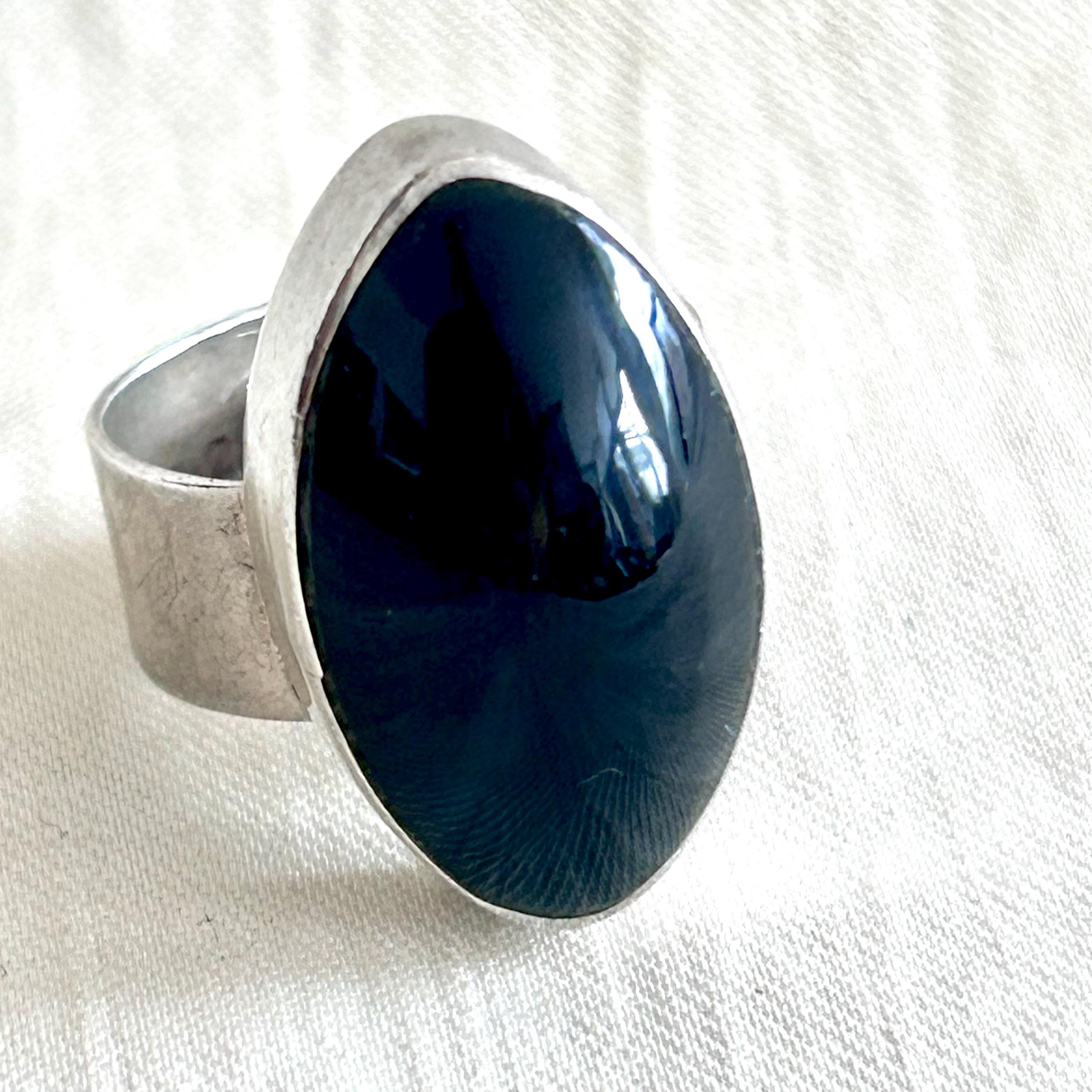 Mexican Onyx Ring Size 6 Vintage Sterling Silver Black Stone Oval