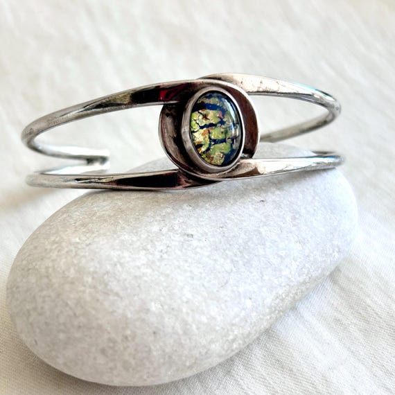 Vintage Mexican Dichroic Glass Sterling Silver Cuff Bracelet - Taxco