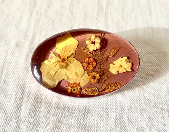 Mexican Flower Brooch Real Flowers in Resin and S… - image 1