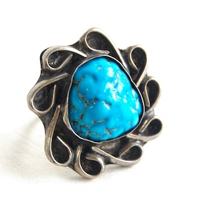 Chunky Turquoise Ring Size 7 .75 Vintage Large Southwestern Unisex Statement Jewelry Large Blue Cocktail Ring