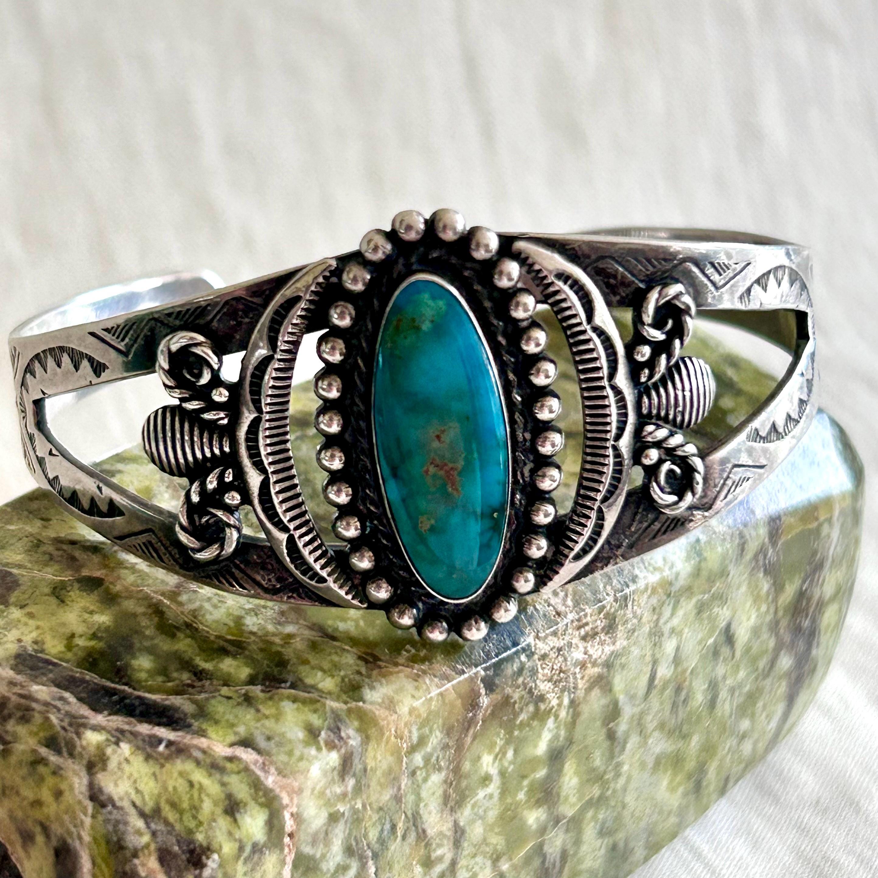Vintage Hopi Turquoise Cuff Bracelet: Stamped Sterling Silver