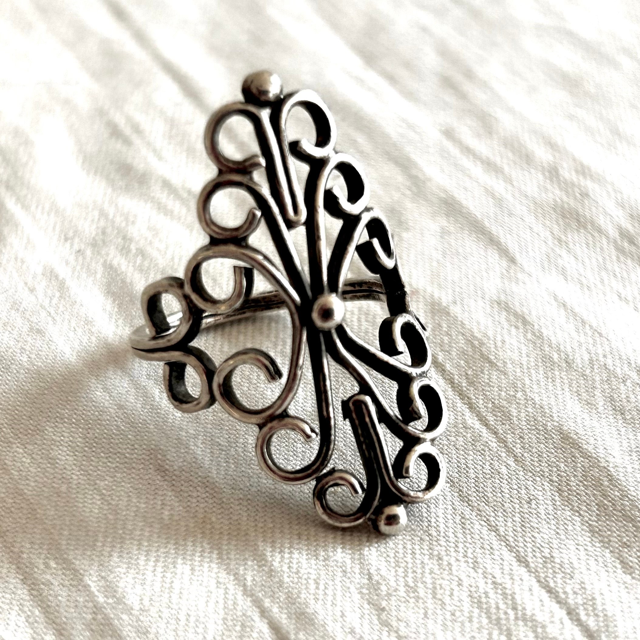 Mexican Lace Ring Size 6 3/4 Vintage Long Sterling Silver