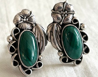 Malachite Clip On Earrings Vintage Southwest Sterling Silver Green Stone Floral Ovals Western Clips