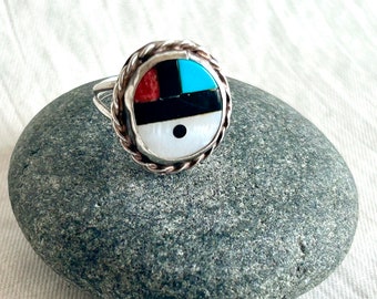 Zuni Sun Face Ring Size 7 Vintage Turquoise Red Coral Onyx Native American Jewelry Blue Stone Modern Folk Art