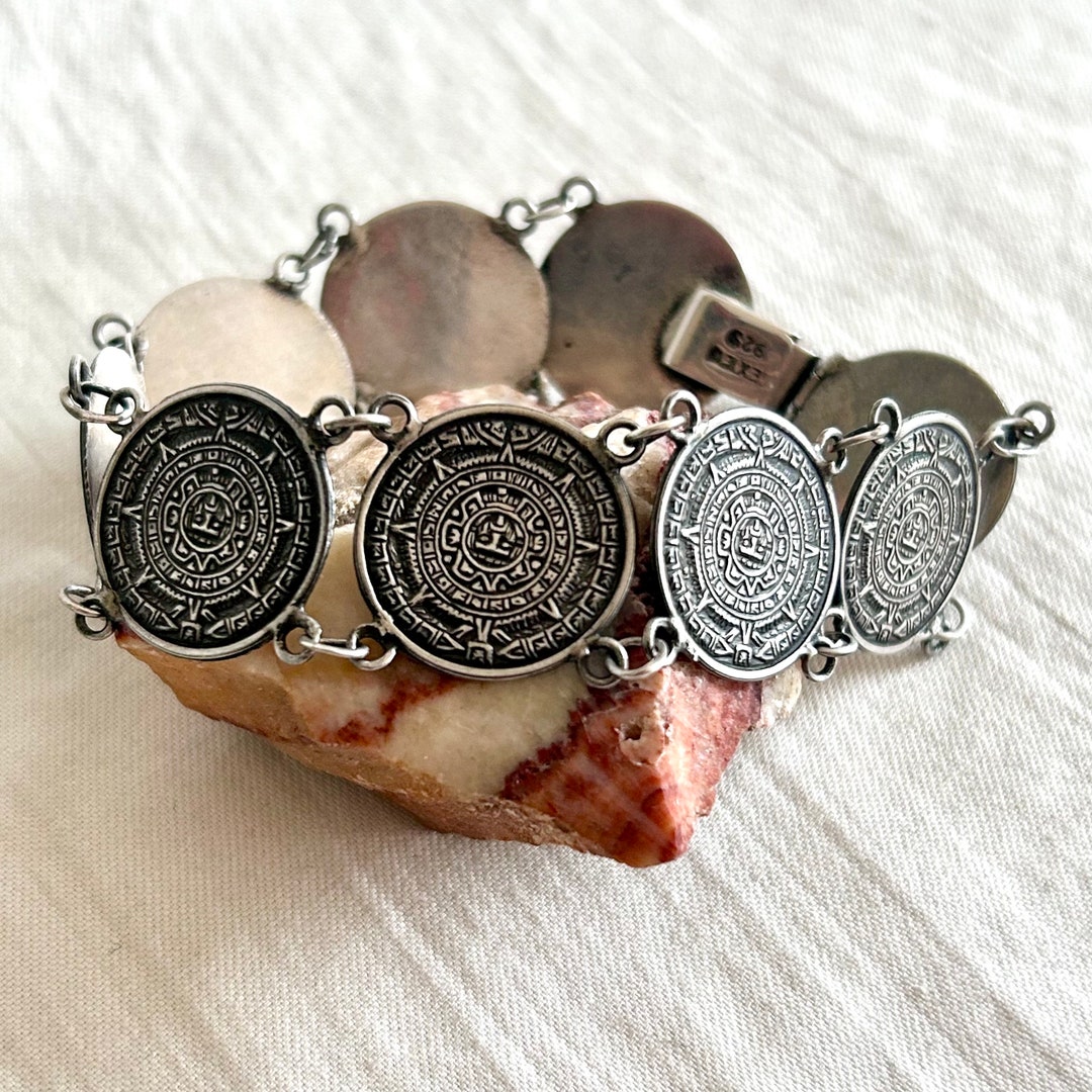 Mexican Aztec Mayan Calendar Bracelet Vintage Sterling Silver Size 6