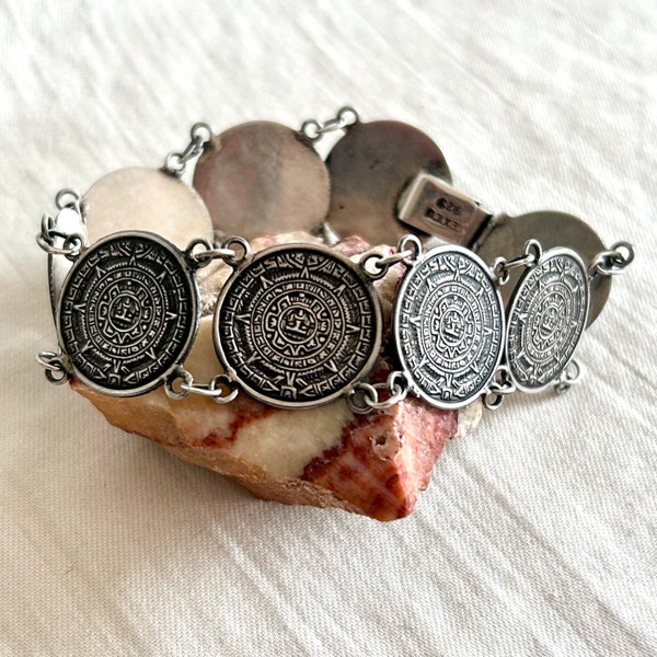 Mexican Aztec Mayan Calendar Bracelet Vintage Sterling Silver Size 6 .75 Ancient Jewelry Gift for Her Hecho en Mexico