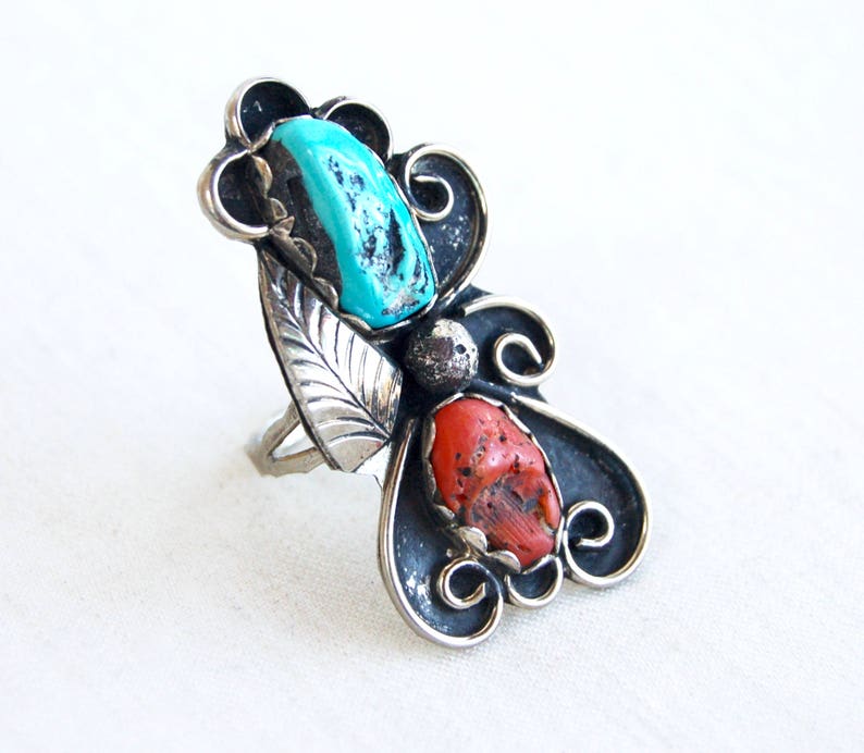 Huge Turquoise and Red Coral Ring Size 7 .25 Vintage Sterling Silver Southwest Flower Succulent Boho Statement Jewelry