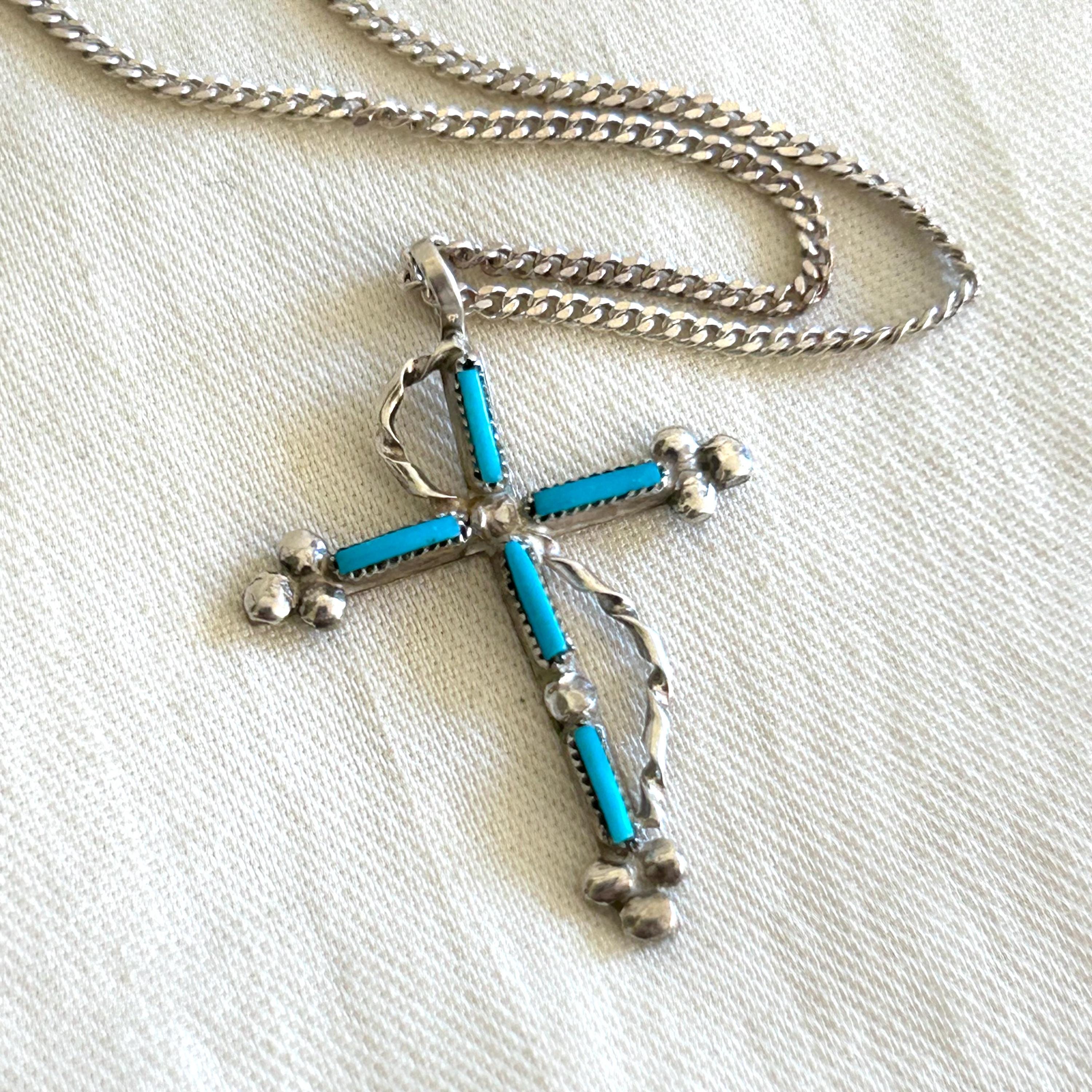 Vintage Turquoise Cross Necklace: Southwestern Sterling Silver 18