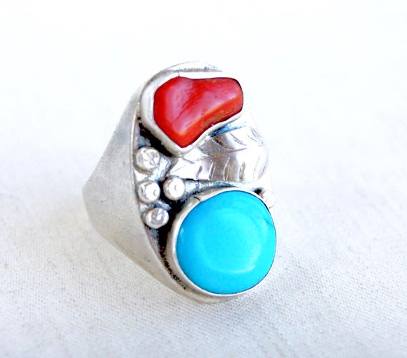 Huge Turquoise and Red Coral Ring Size 7 .25 Vintage Sterling Silver Southwest Flower Succulent Boho Statement Jewelry