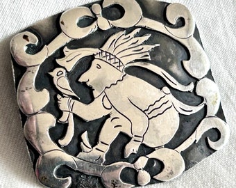 Midcentury Mexican Brooch Sterling Silver Aztec Mayan Man Ancient Mural Bird Trainer Meso American Jewelry