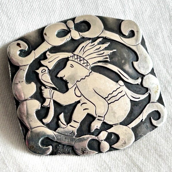 Midcentury Mexican Brooch Sterling Silver Aztec Mayan Man Ancient Mural Bird Trainer Meso American Jewelry