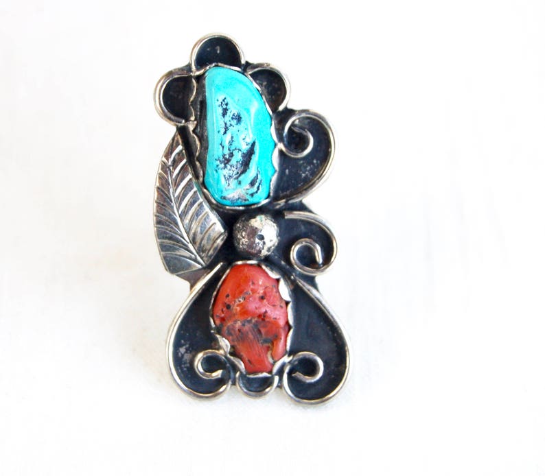 Huge Turquoise and Red Coral Ring Size 7 .25 Vintage Sterling Silver Southwest Flower Succulent Boho Statement Jewelry