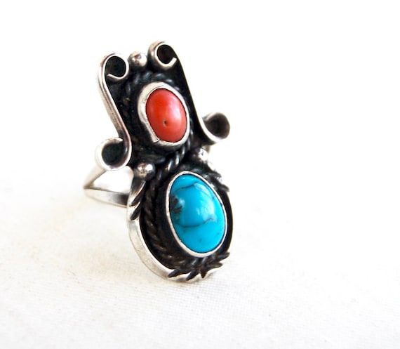 Huge Turquoise and Red Coral Ring Size 7 .25 Vintage Sterling Silver Southwest Flower Succulent Boho Statement Jewelry