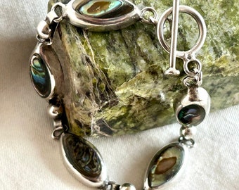 Mexican Abalone Bracelet Vintage Sterling Silver Oblong Links Size 7 1/2 Toggle Clasp Old Mexico Jewelry