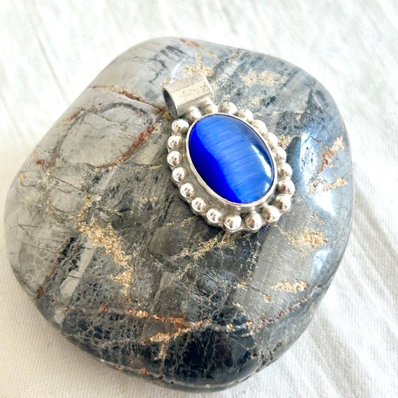 Blue Cats Eye Pendant Vintage Mexican Sterling Si… - image 6