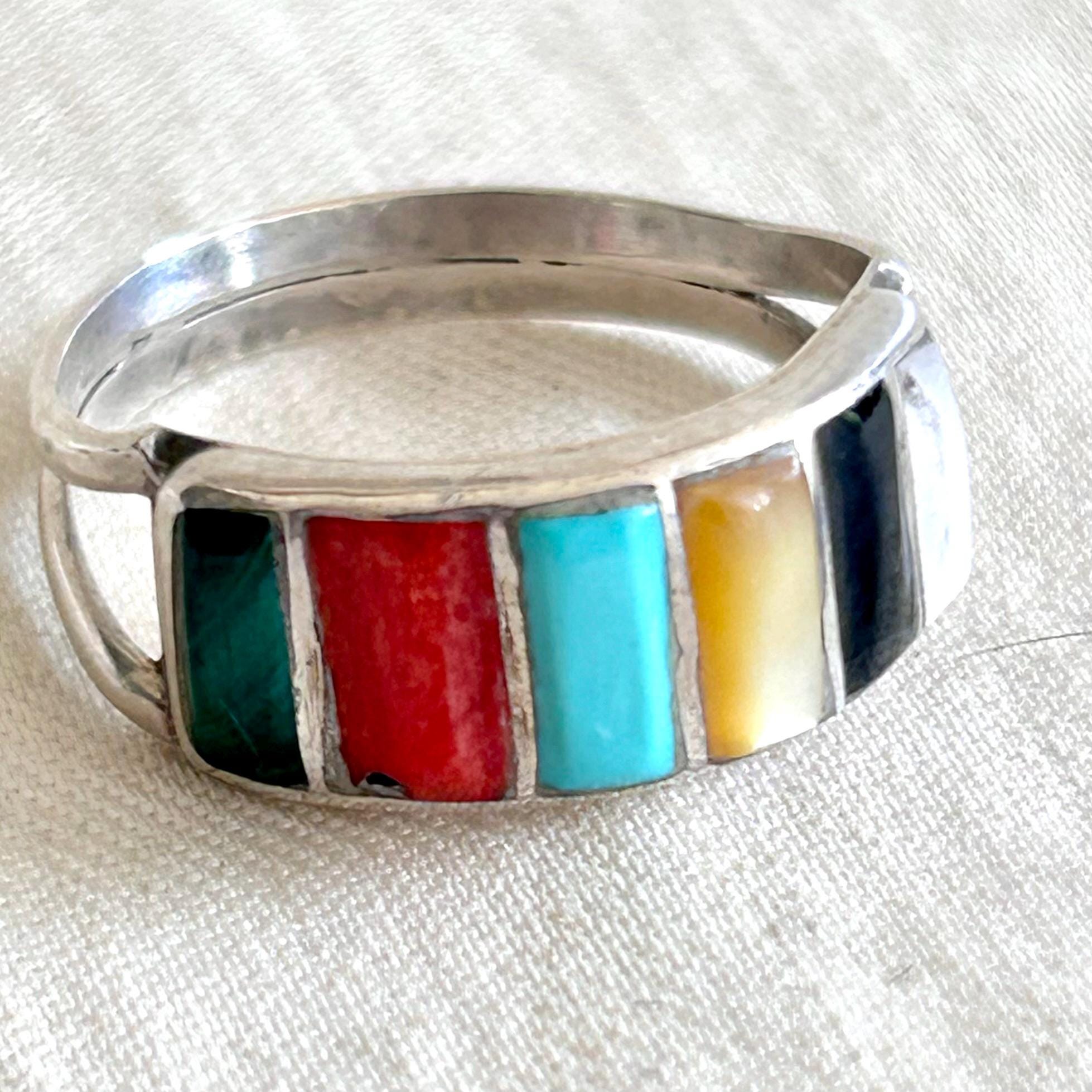 Southwest Multi Stone Ring Band: Sterling Silver Coral, Turquoise