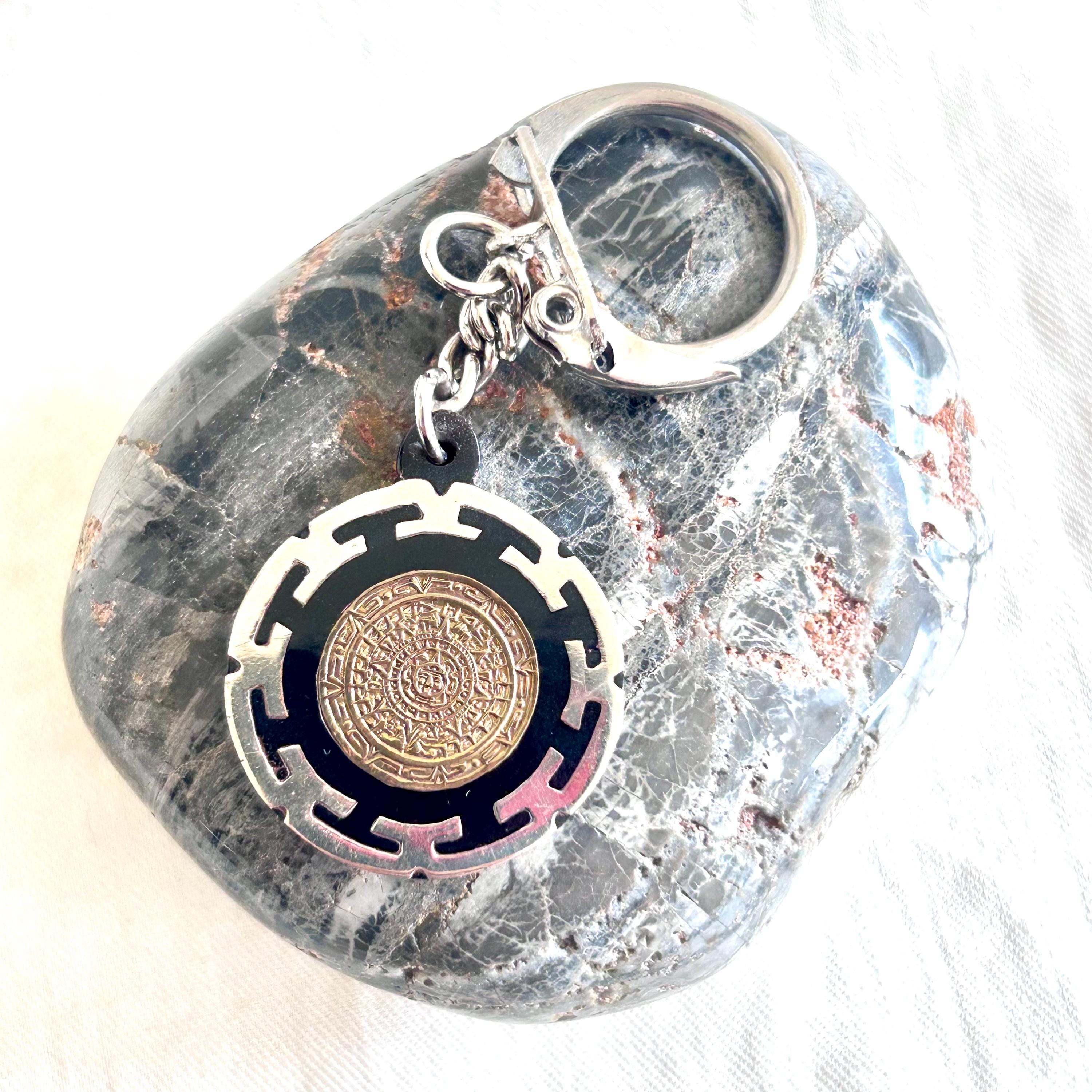 Porte-clés Mexique Vintage Argent 925 – Motif Aztèque Soleil Calendrier (TR3664)