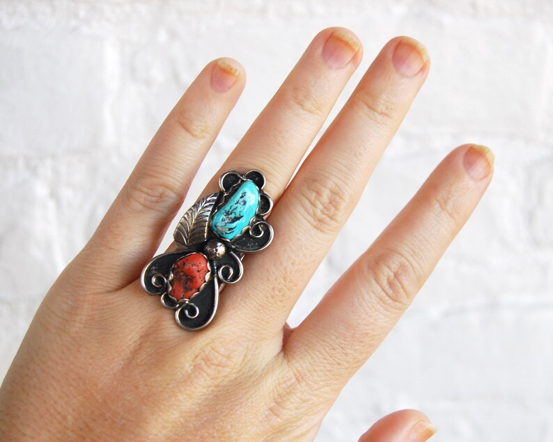 Huge Turquoise and Red Coral Ring Size 7 .25 Vintage Sterling Silver Southwest Flower Succulent Boho Statement Jewelry
