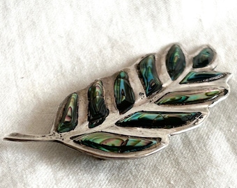 Abalone Leaf Brooch Pin Vintage Mexican Sterling Silver Pin Fern Frond Feather Jewelry Mexico Eagle Hallmark