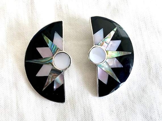 Mexican Clip On Earrings Vintage Mother of Pearl … - image 2
