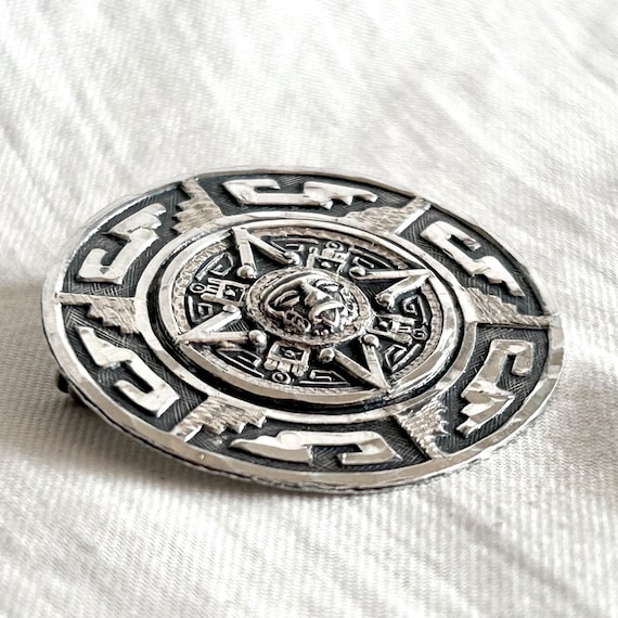 Aztec Sun Brooch Pin Vintage Mexican Sterling Sil… - image 2
