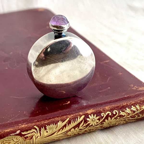 Mexican Perfume Bottle Midcentury Sterling Silver Amethyst Stopper Modernist Essential Oil Container Vessel Purple Stone Old Mexico Boudoir
