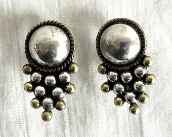 Old Mexican Clip On Earrings Mixed Metal Vintage Clips Vintage Sterling Silver and Brass Orb Dome Dangle Laton Taxco Mexico