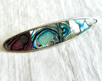 Vintage Mexican Hair Clip Barrette Blue Green Abalone in Alpaca Long Hair Holder