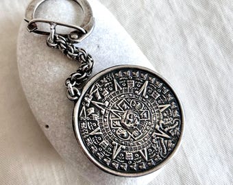 Aztec Mayan Calendar Keychain Mexican Sterling Silver Key Chain Warrior Design