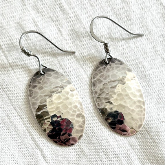 Hammered Sterling Silver Oval Dangle Earrings Vin… - image 6